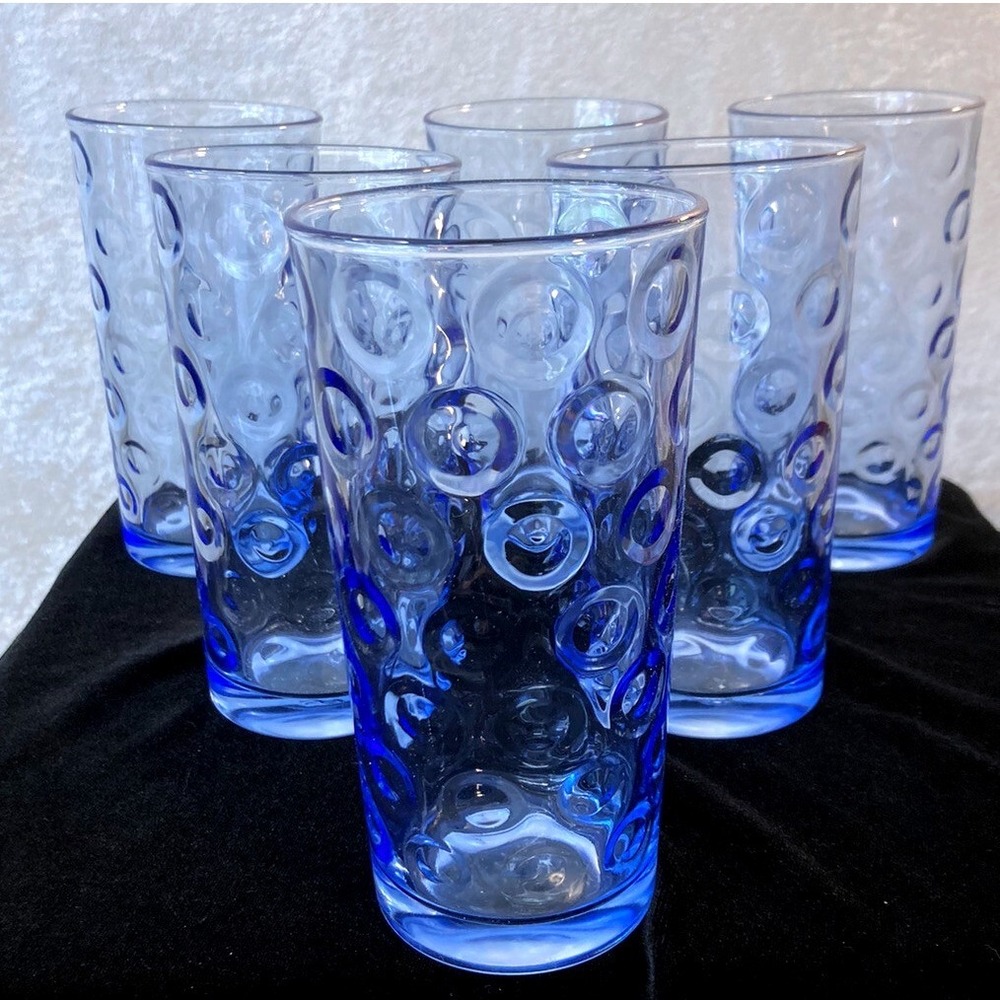 6 Vintage 1960's Sisecam Pasabahce Blue " Circles" Drinking Glasses 10 oz
